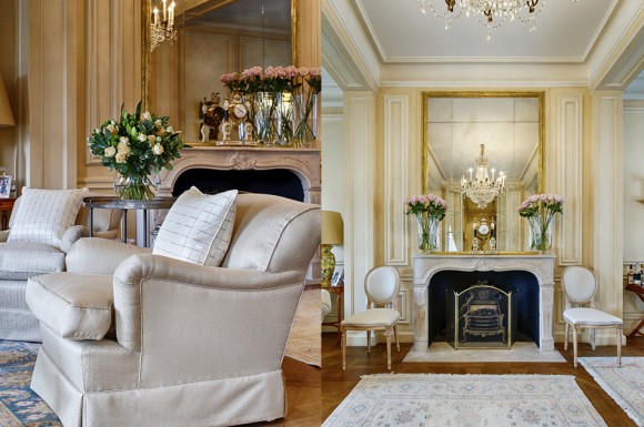 Кресло и камин в классической гостиной