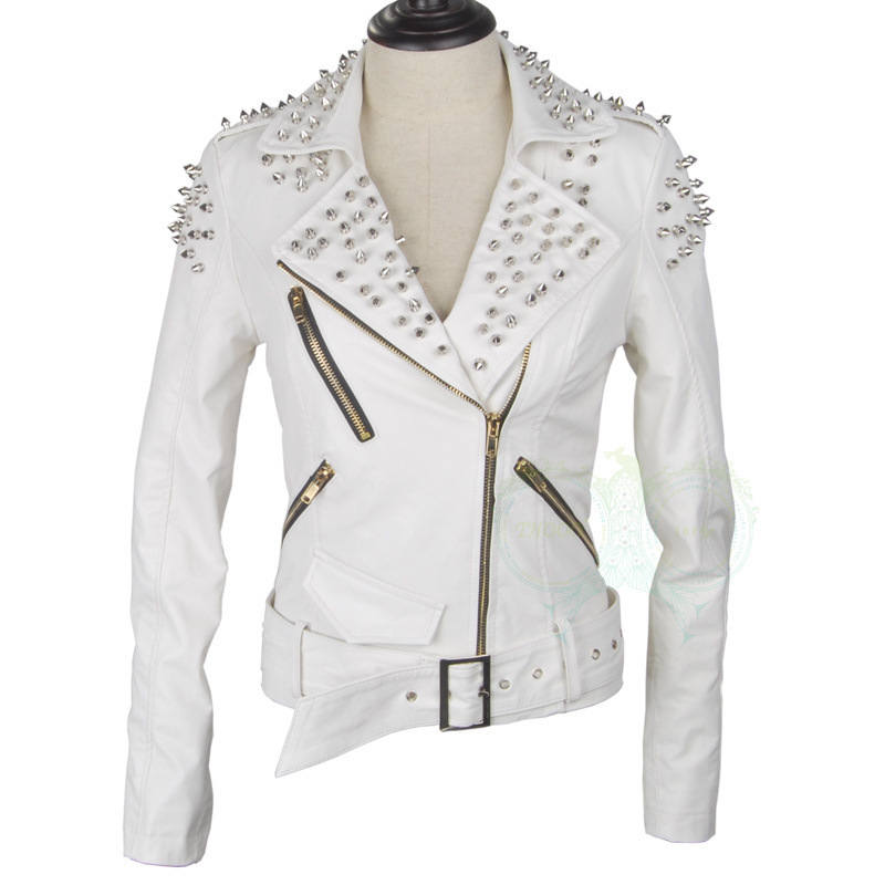 белые кожаные куртки женские с шипами