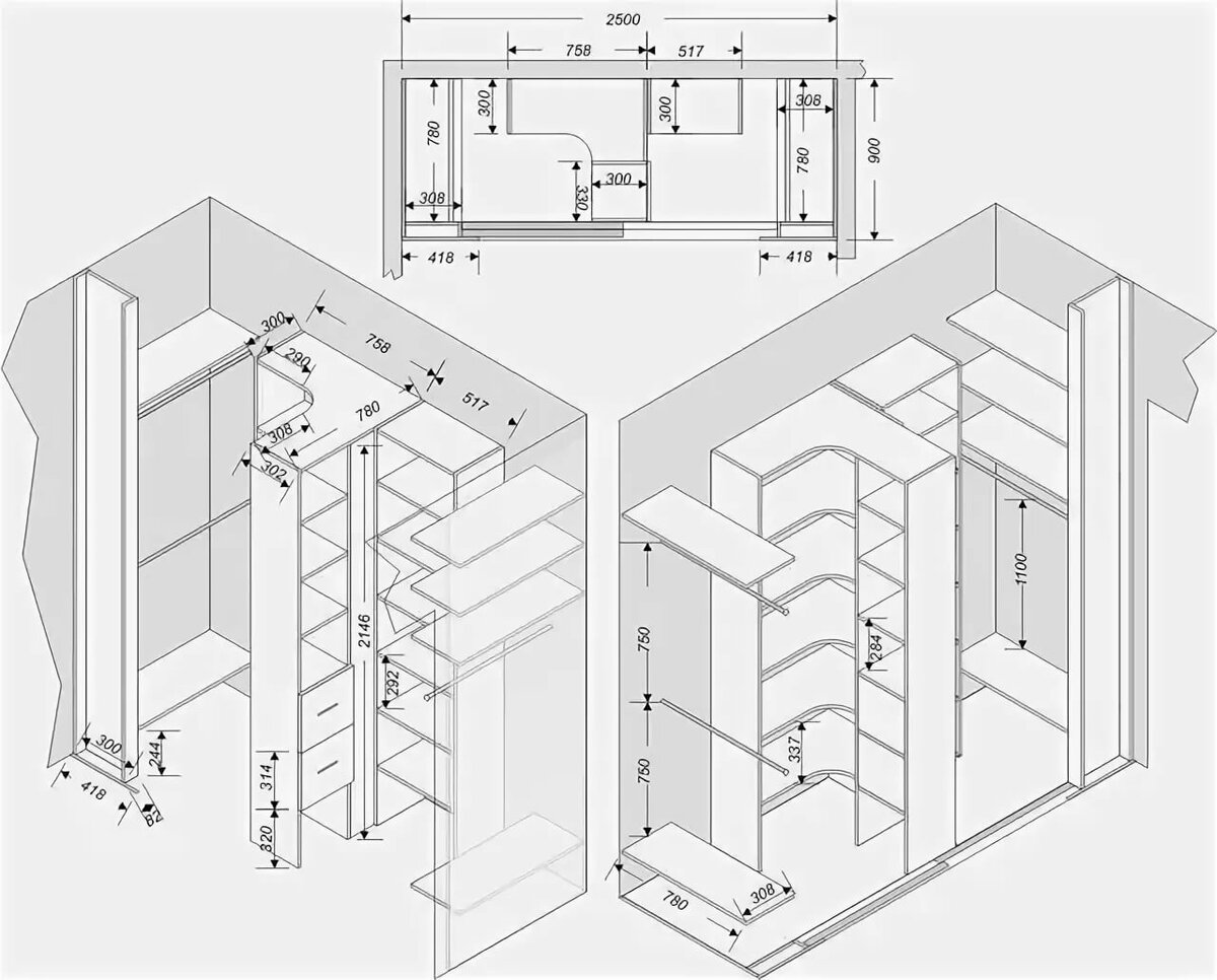 п образная гардеробная комната планировка с размерами