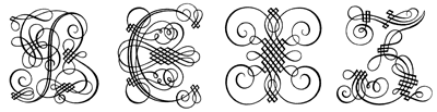 Рис. 9. Кажется, что буквы начертаны одним движением, не отрывая пера от бумаги, однако в большинстве случаев это не так. Буквы «B», «C», «X» и «Z» из «Новой школы» Мануэля де Андраде Лиссабон, 1719 год
