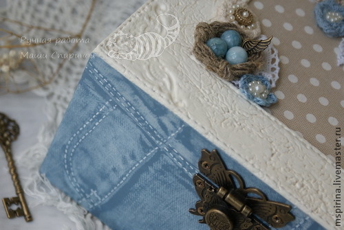 Декорирование шкатулки а-ля Бохо имитация джинсы и белой тиснёной кожи, фото № 32