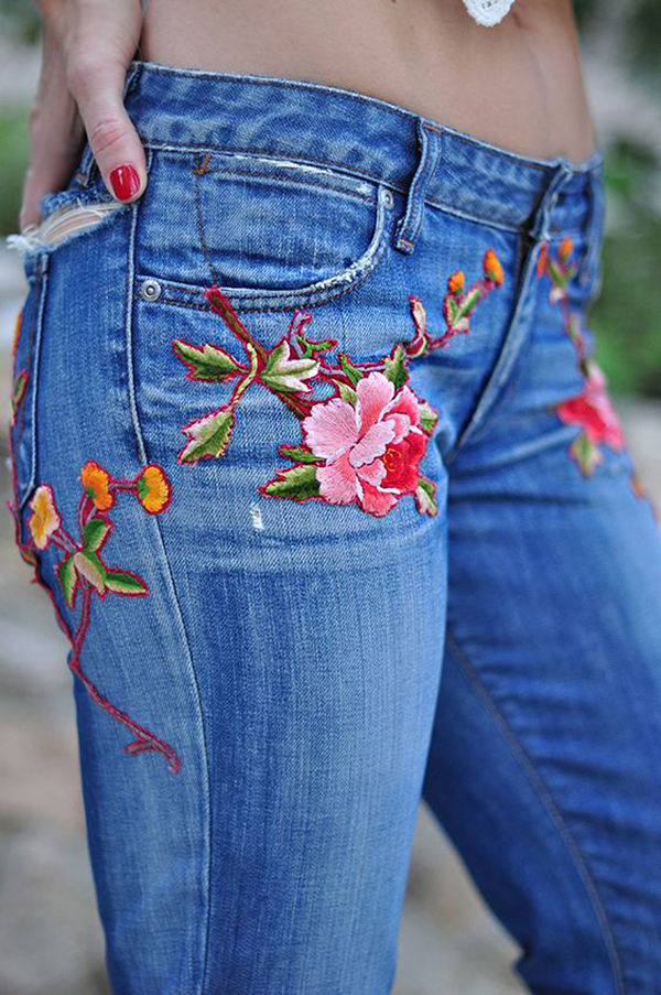 Разнообразный декор джинсов: вышивка, роспись, кружево, фото № 3