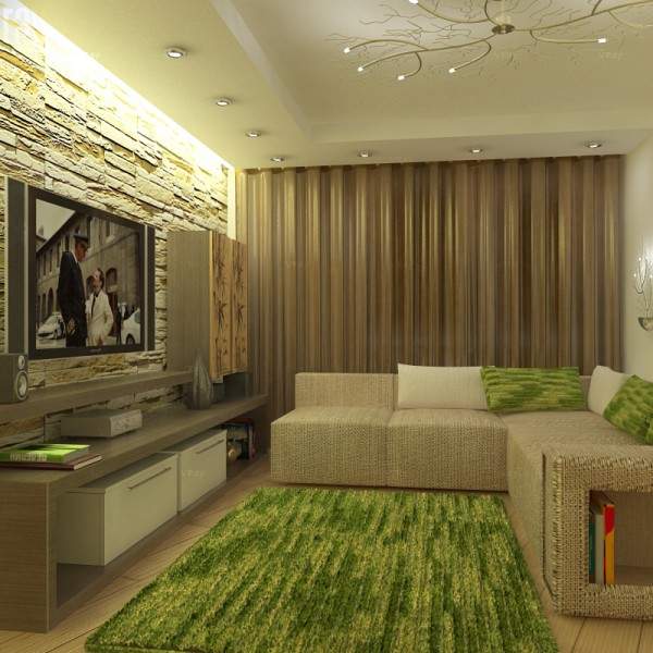 Современный дизайн зала в квартире в зеленом и бежевом цвете