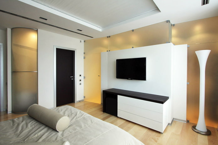 телевизор в интерьере спальни в стиле минимализм