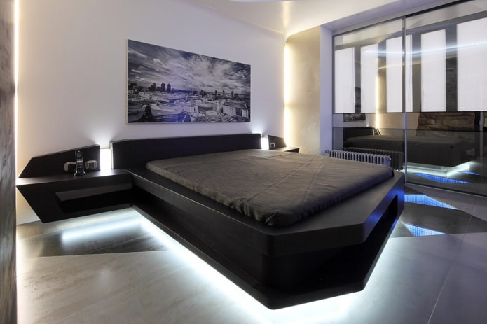 кровать в интерьере в стиле хай-тек