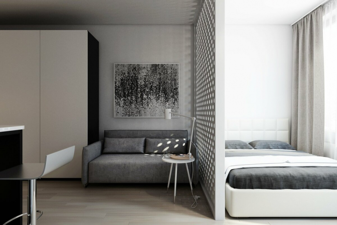 интерьер спальни-гостиной в стиле минимализм