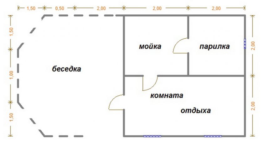 Чертёж прямоугольной беседки с баней