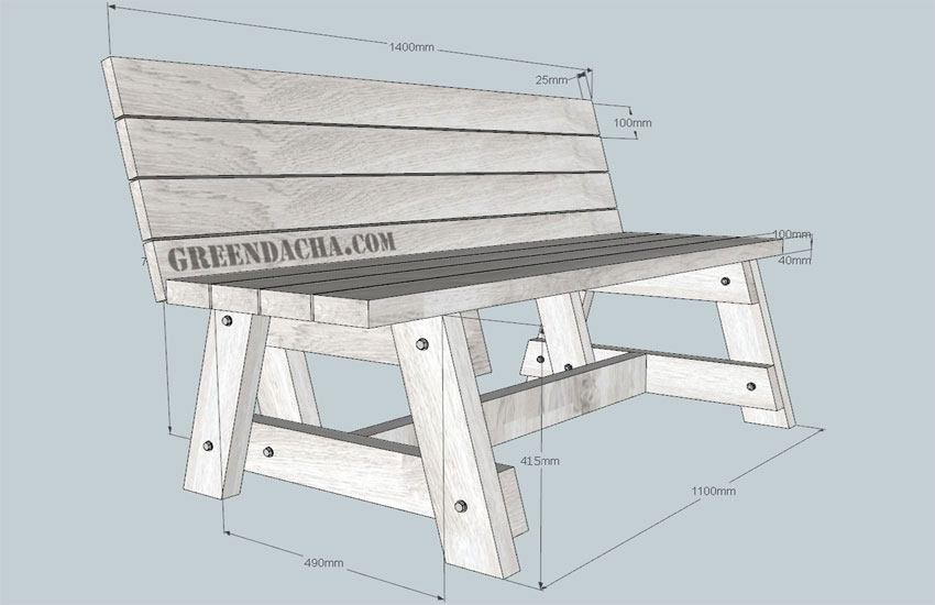 Чертеж садовой скамейки деревянной - 1.