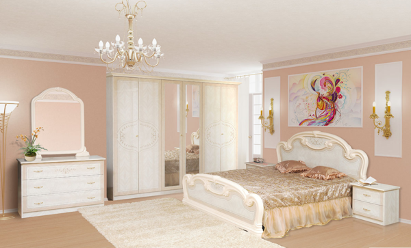 Сочетание белого с золотым в  интерьере спальни классического стиля  выглядит очень изящно и роскошно