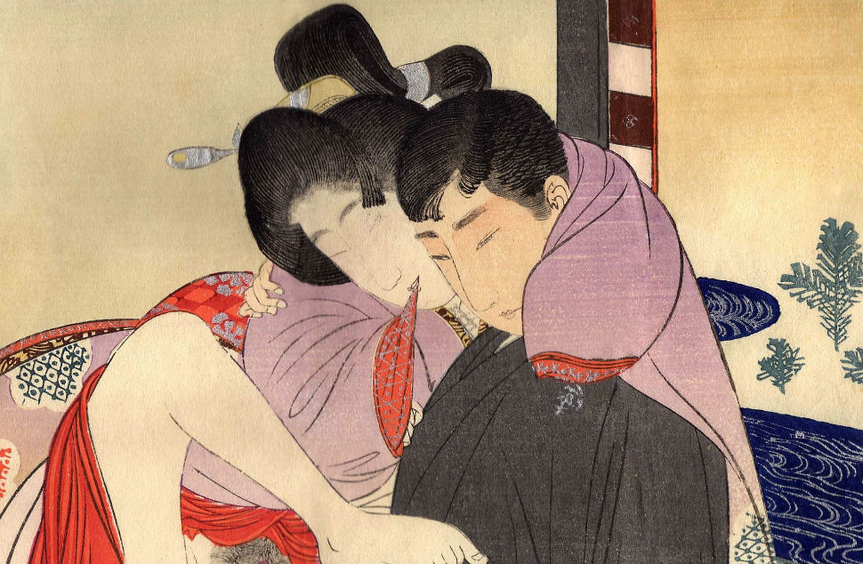 Сюнга периода Мэйдзи - Мужчина с европейской причёской совокупляется с женщиной в традиционном японском костюме.jpg