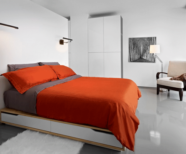 Современный дизайн спальни с кроватью-платформой. Фото 5