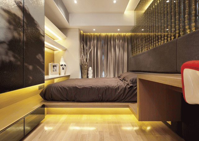 Современный дизайн спальни с кроватью-платформой. Фото 13