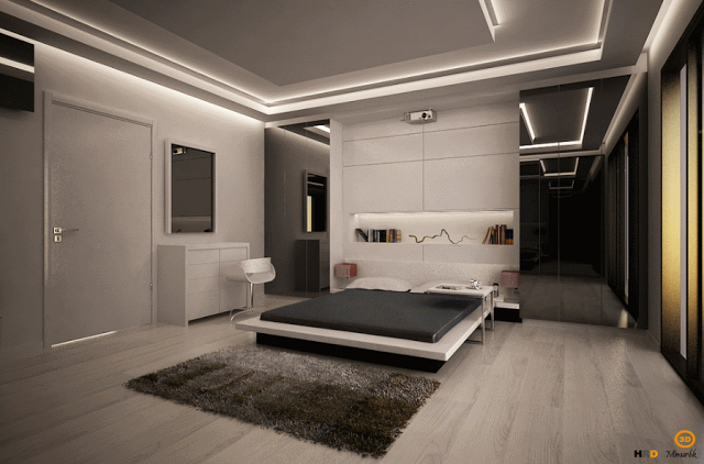 Современный дизайн спальни с кроватью-платформой. Фото 18