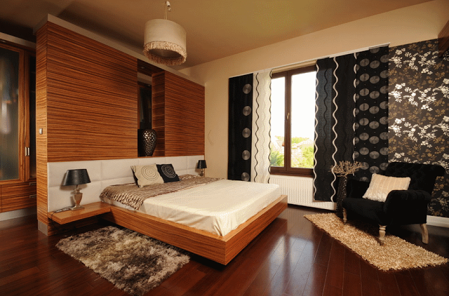 Современный дизайн спальни с кроватью-платформой. Фото 31