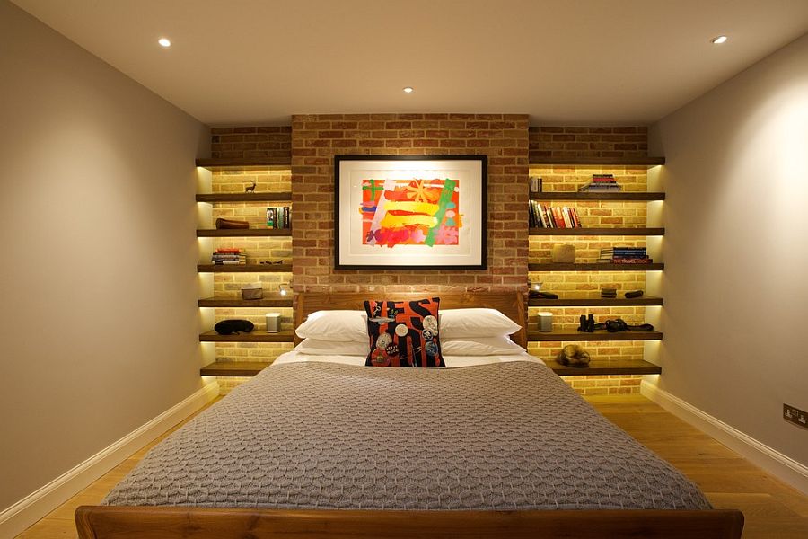 Кирпичные стены в спальне - выразительность материала акцентной стены