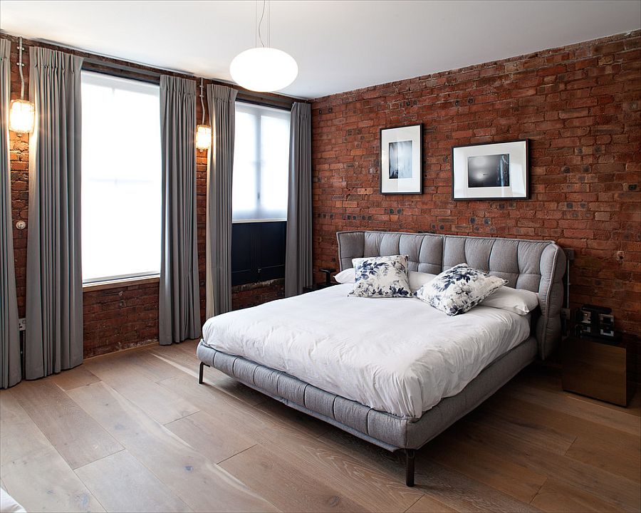 Кирпичные стены в спальне - серый цвет спальни