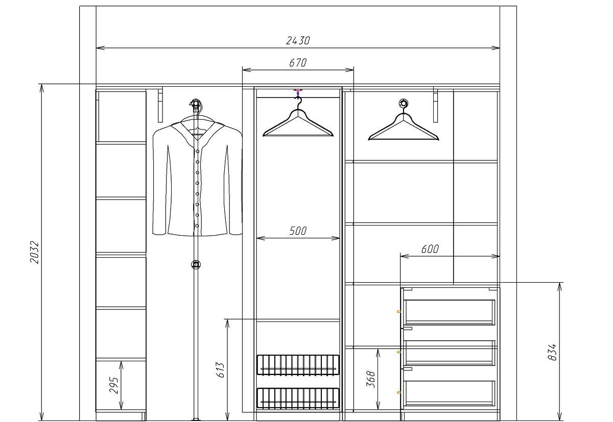 Перед началом сооружения гардероба рекомендуется составить его чертеж на бумаге, указав размеры всех элементов 