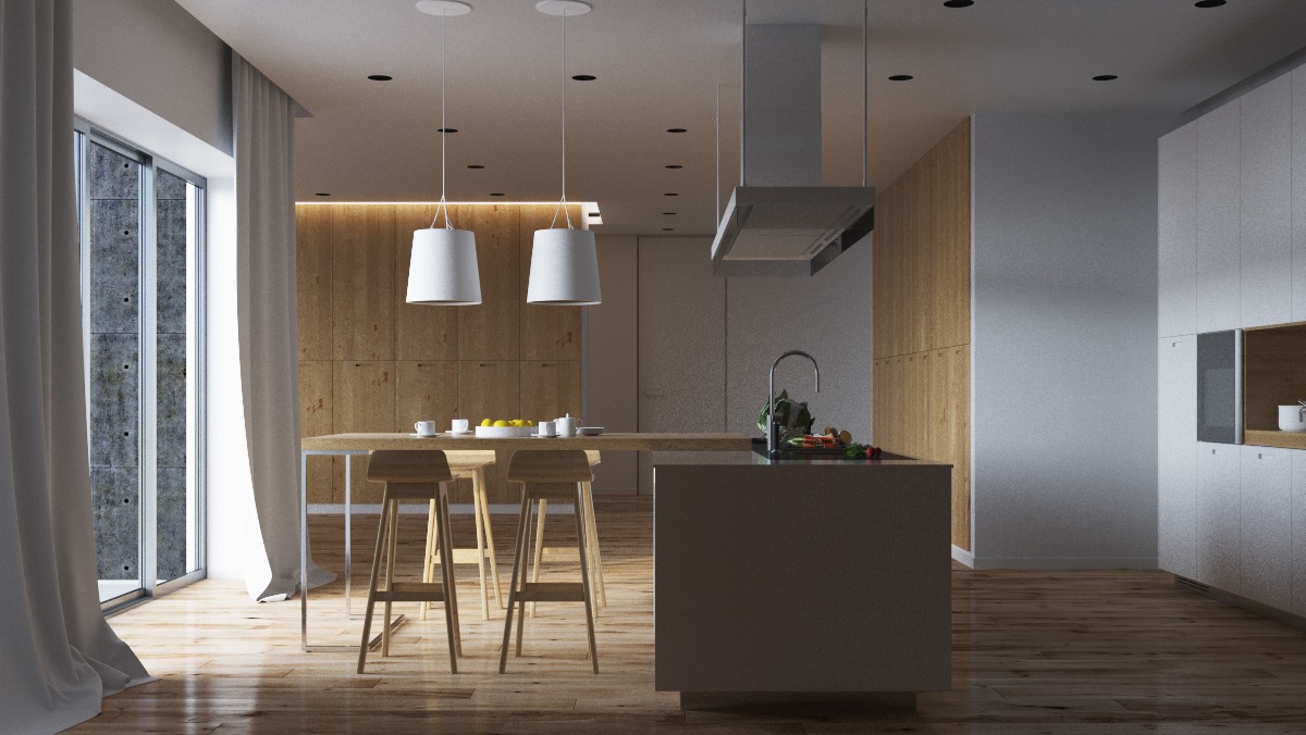 Белые абажуры потолочных светильников в интерьере кухни
