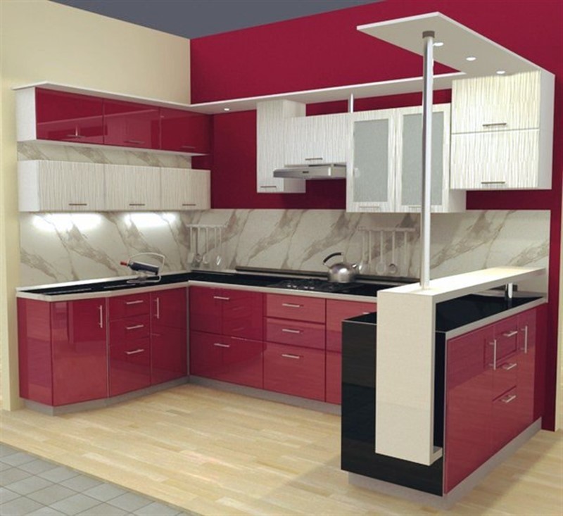 фото кухни красной, с барной стойкой