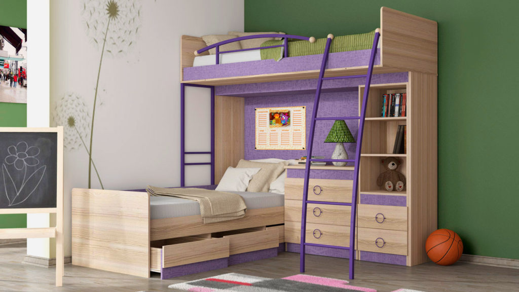 Угловая двухъярусная кровать для детей с деревянным каркасом и металлическими поручнями и лестницей