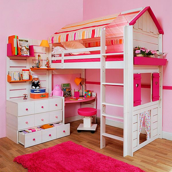Кровать-чердак для девочки со спальным местом стилизованным под домик