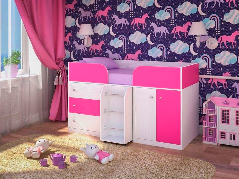Низкая модель детской кровати-чердака для девочек в розовом и белом цветах