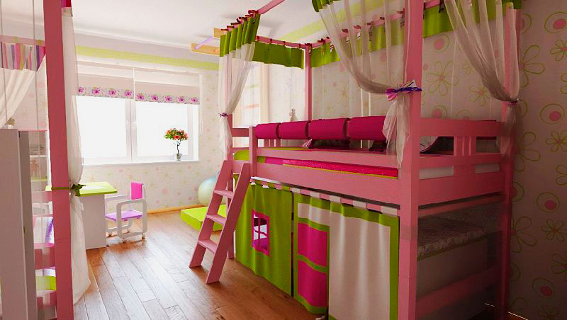 Низкая кровать-чердак для девочки с игровой зоной внизу и балдахином над спальным местом