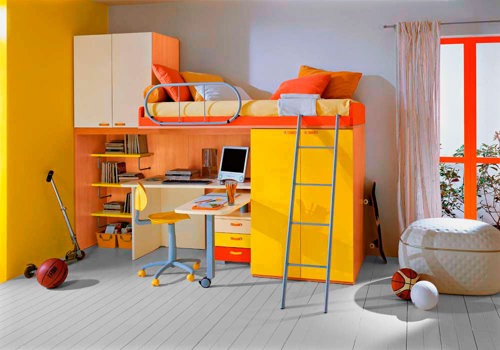 Детская кровать-чердак для мальчиков с рабочей зоной, приставным столом и шкафом для хранения вещей