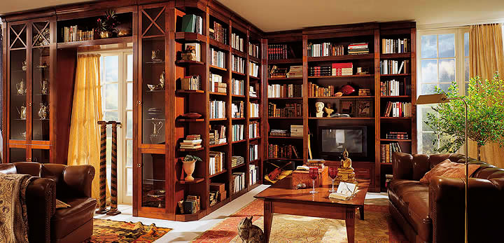 Интерьер комнаты с книжным шкафом вдоль всей стены
