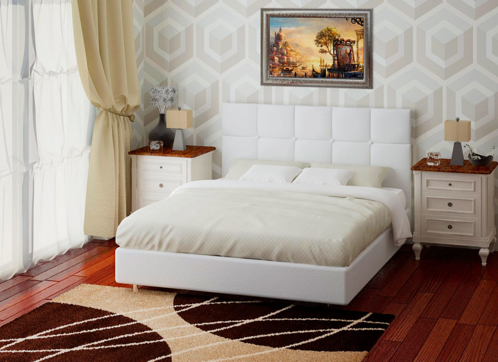 Белая кровать в натуральной текстурированной коже