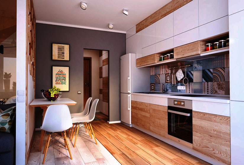 Кухня с двойными верхними шкафами до потолка