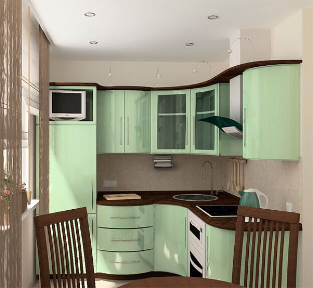Угловой радиусный кухонный гарнитур с глянцевыми фасадами