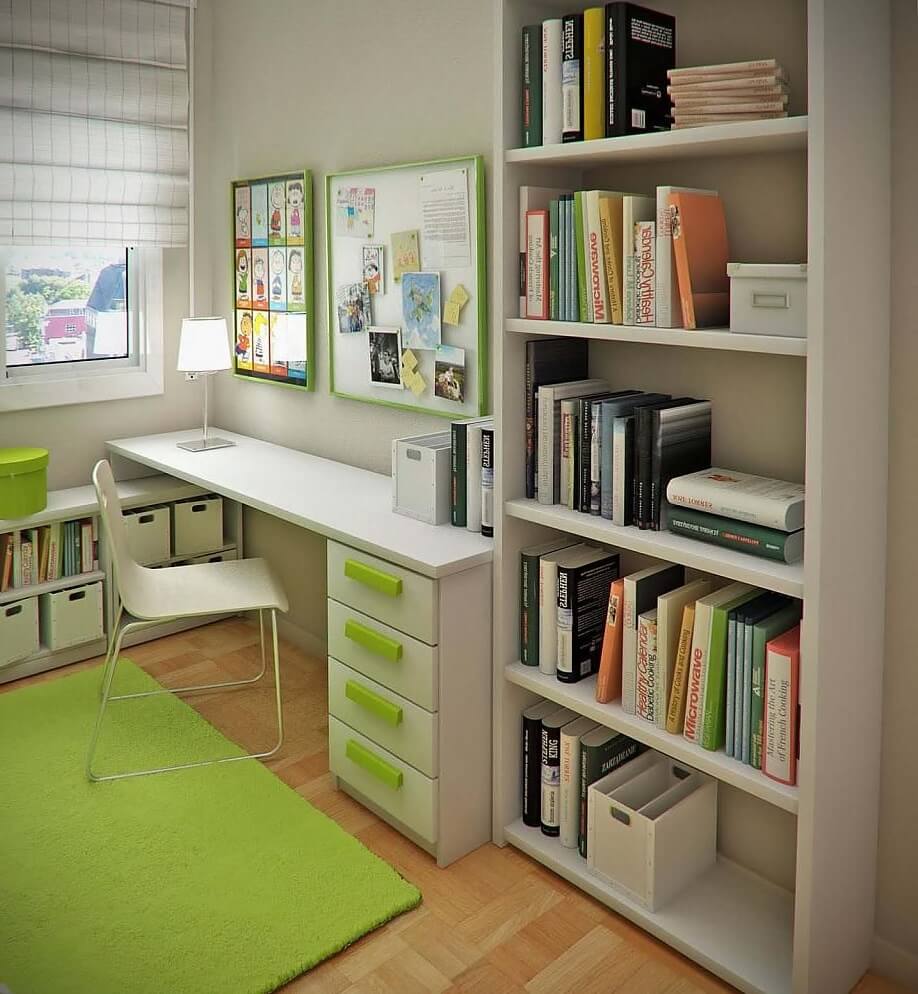 Книжный шкаф с открытым фасадом в интерьере детской