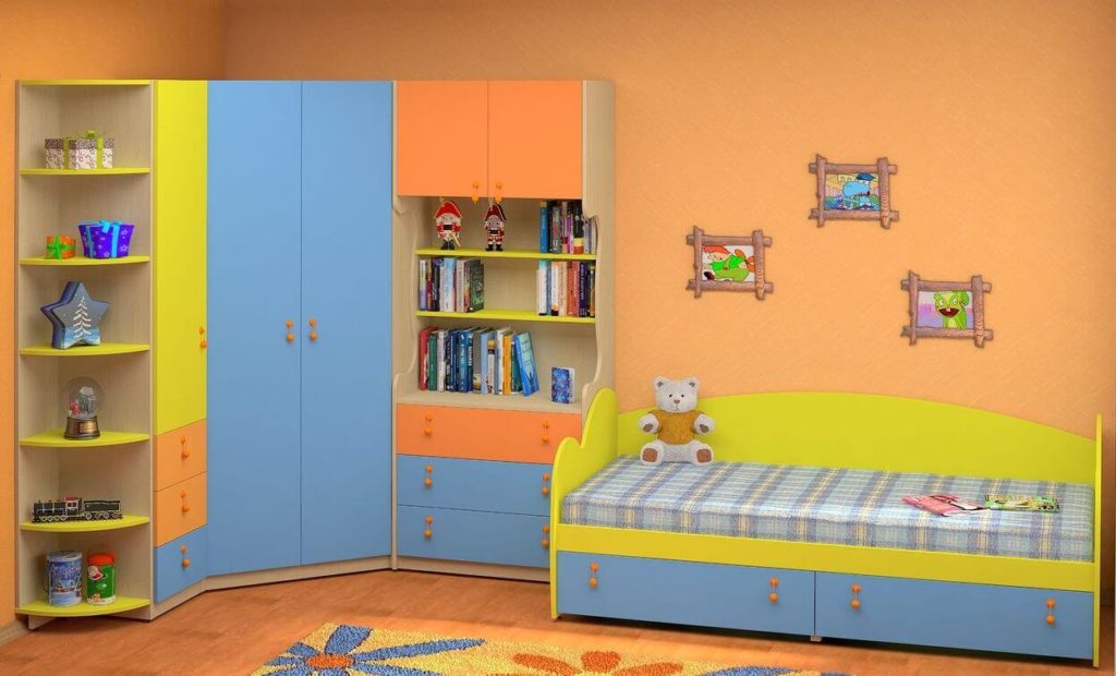 Детский угловой шкаф с разноцветными фасадами