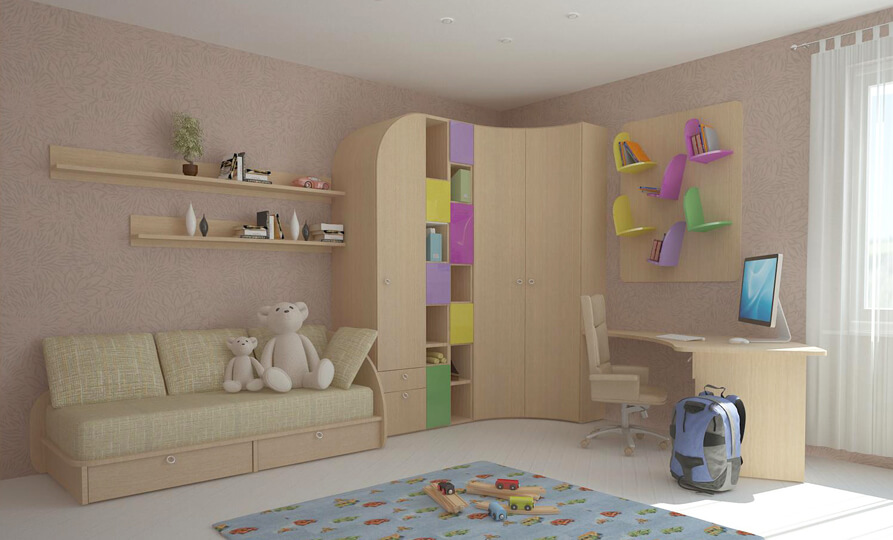 Детская комната с угловым шкафом и диваном