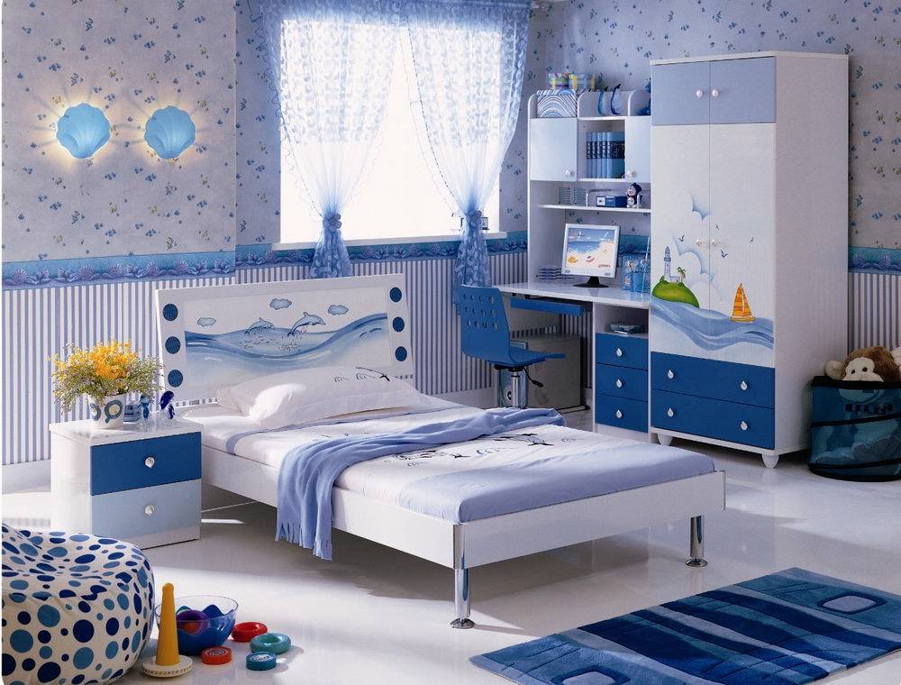 Детская белая мебель с синим