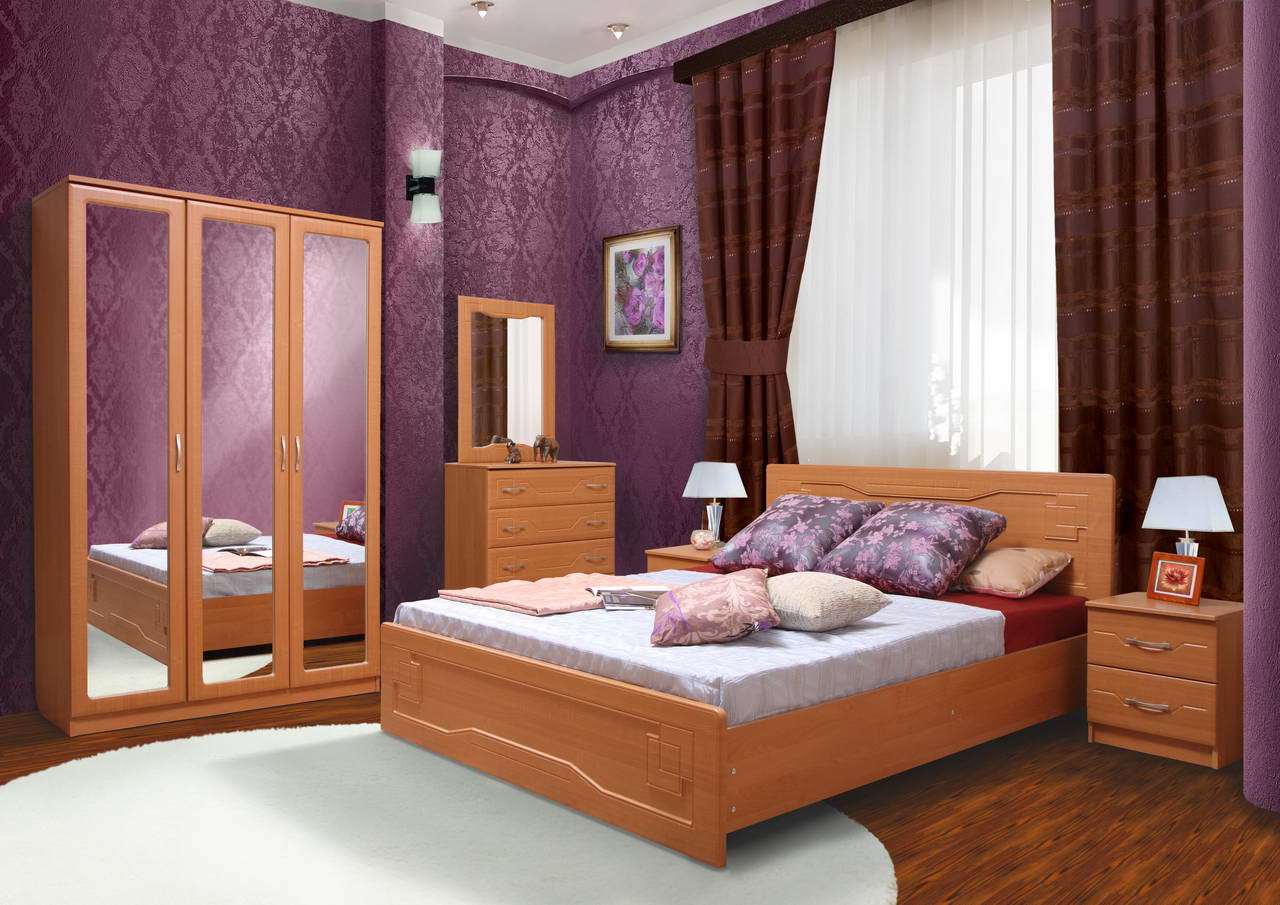спальня с мебелью цвета вишня