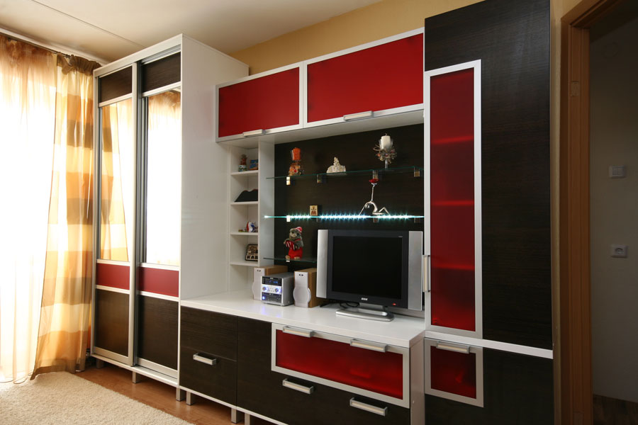 Шкаф купе в гостиную в современном стиле с телевизором