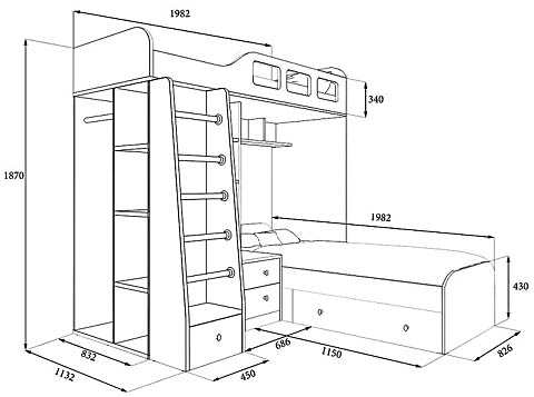 Размеры угловой двухъярусной кровати с детским хозяйственным уголком