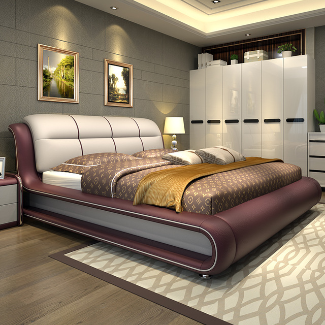 Современная спальня мебель кровать с натуральная кожа