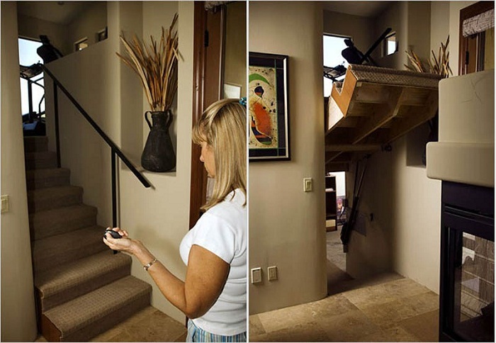 Подъемная лестница не только сэкономит место, но спрячет другую комнату.
