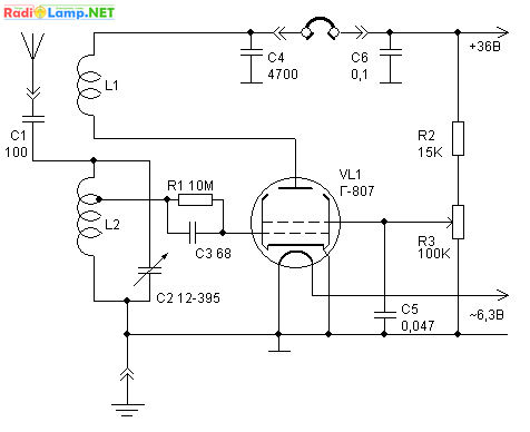 Экспериментальная схема регенеративного радиоприемника на лампе Г-807