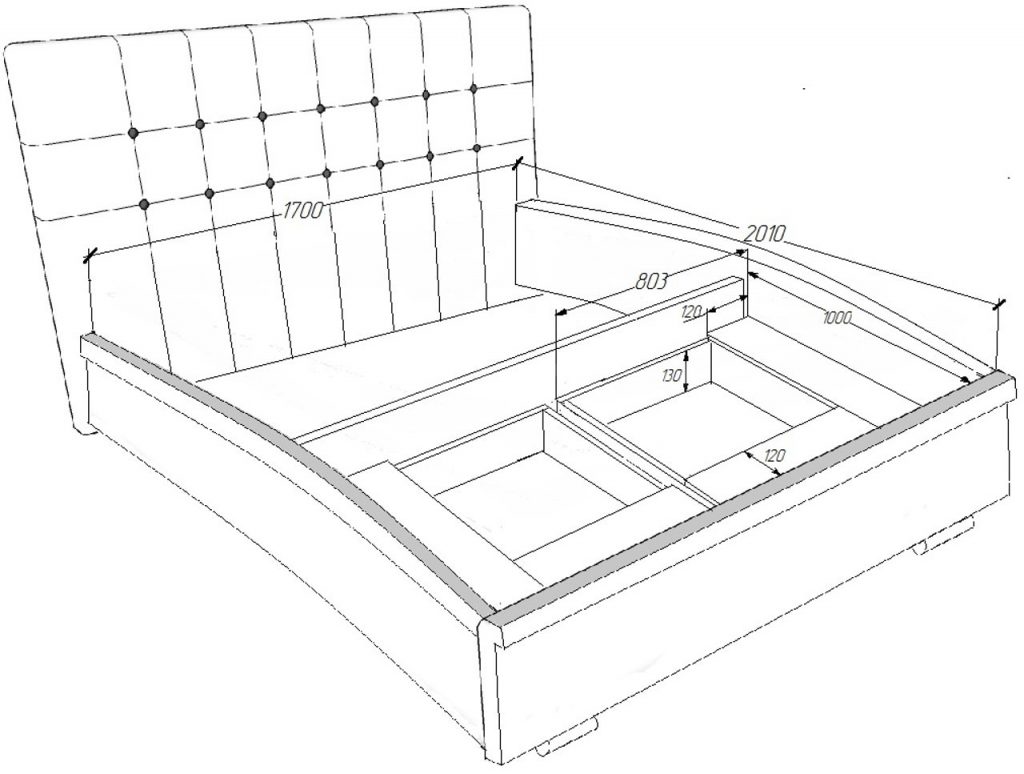 пример эскиза кровати с подъемным механизмом и ящиками