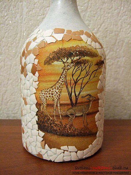Декупаж бутылки в африканском стиле, поделки из скорлупы, как сделать мозаику из скорлупы своими руками, мозаика из яичной скорлупы на стеклянной бутылке, подробный мастер-класс по декорированию бутылки в африканском стиле.. Фото №24