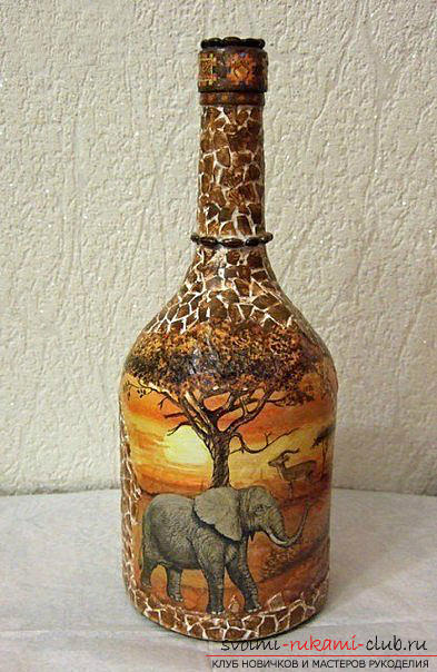 Декупаж бутылки в африканском стиле, поделки из скорлупы, как сделать мозаику из скорлупы своими руками, мозаика из яичной скорлупы на стеклянной бутылке, подробный мастер-класс по декорированию бутылки в африканском стиле.. Фото №20
