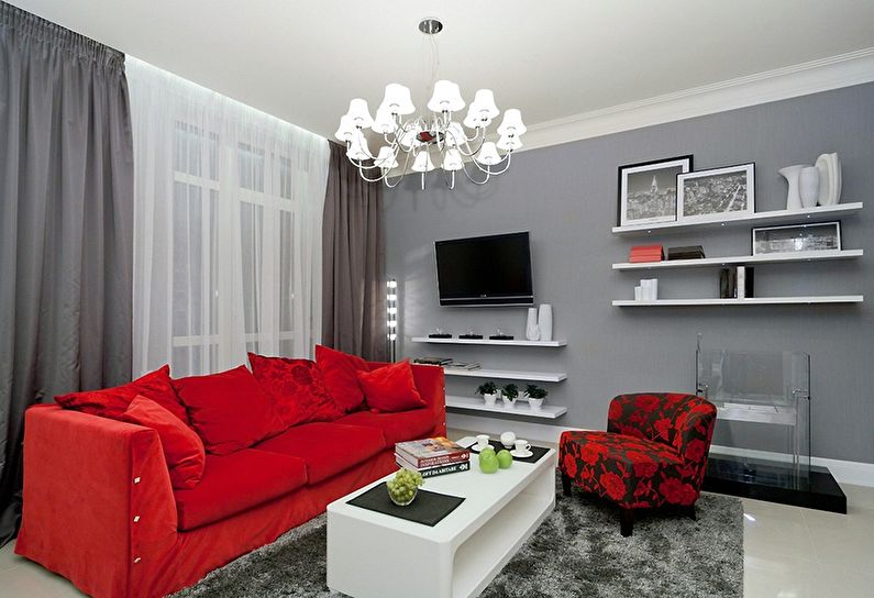 Дизайн гостиной в красно сером цвете