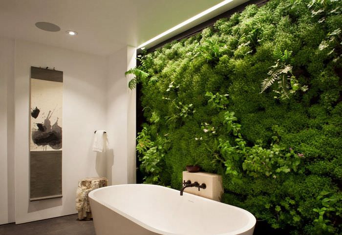 Фитостена в ванной комнате из мха и других зеленых растений