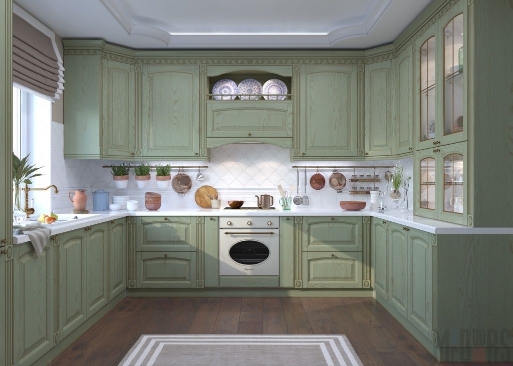 Кухонный гарнитур с состаренным классическим фасадом бледно-зеленого цвета