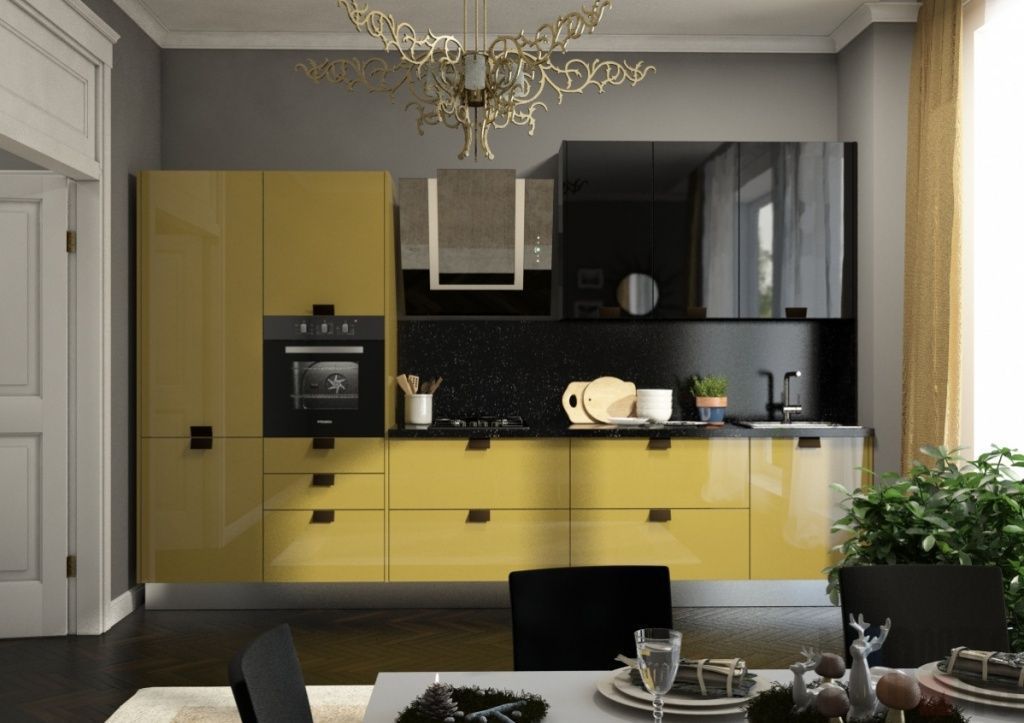 Кухня с глянцевым черным и желтым фасадом
