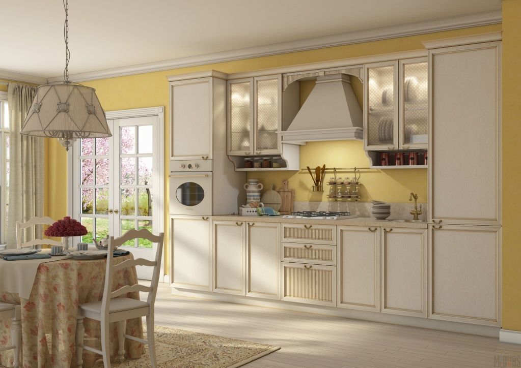 Кухня со светлыми классическими фасадами и вставками из стекла